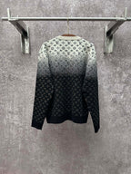 Back view knit sweater with LV monogram pattern, light gray shoulders and dark navy body