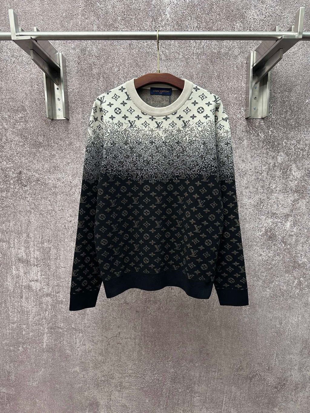 Two-tone knit sweater with LV monogram pattern, light gray top and dark navy hem