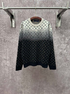 Two-tone knit sweater with LV monogram pattern, light gray top and dark navy hem