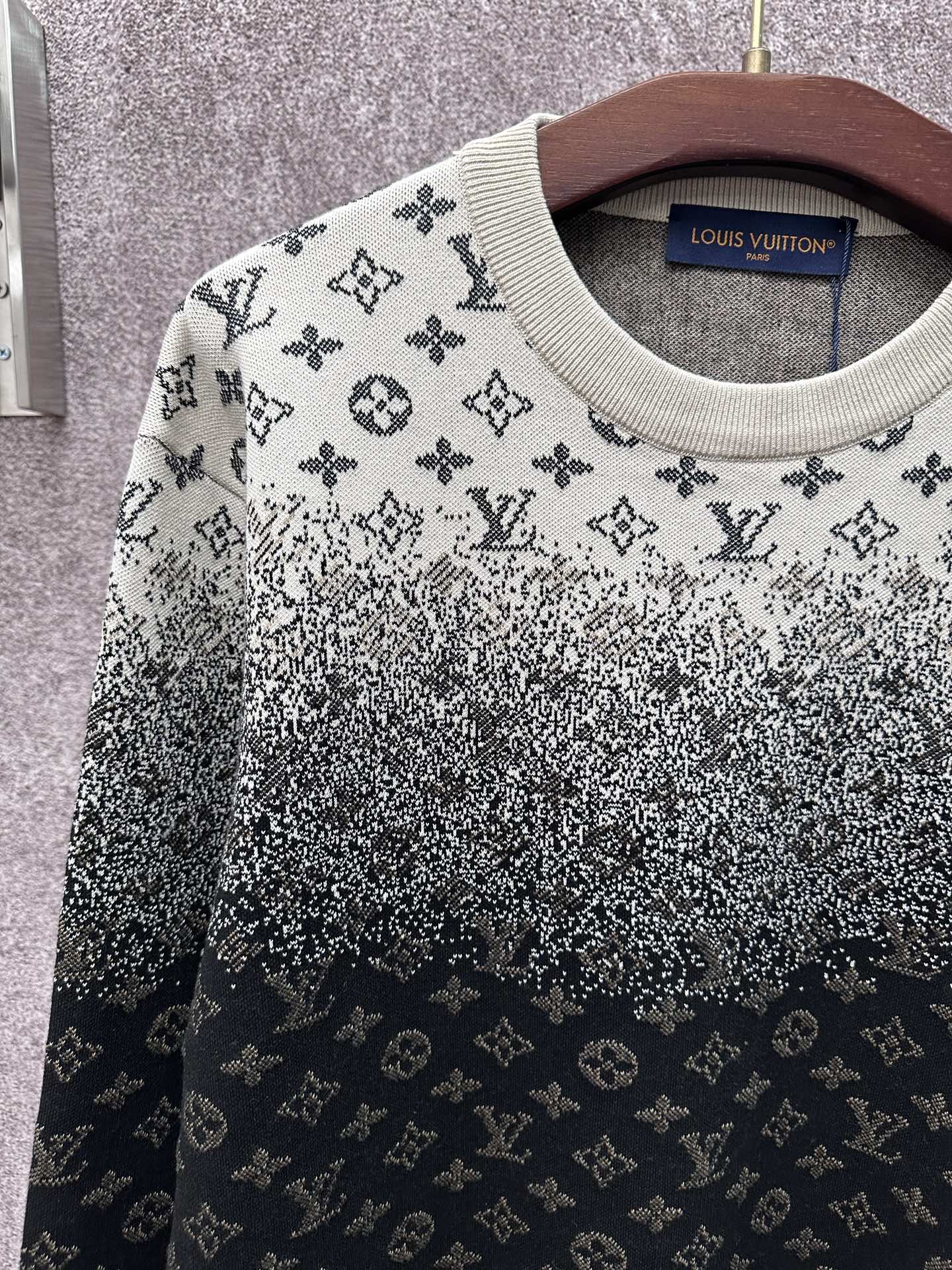 Knit sweater with LV monogram pattern, light gray top and dark navy lower section