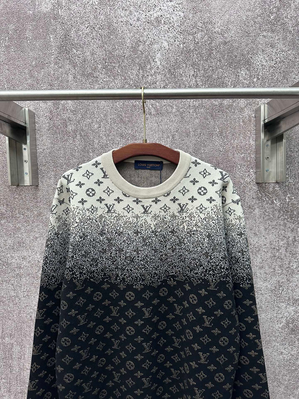 Knit sweater neckline with LV monogram pattern, light gray top and dark navy body