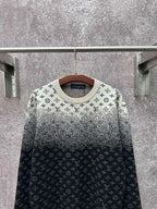 Knit sweater neckline with LV monogram pattern, light gray top and dark navy body