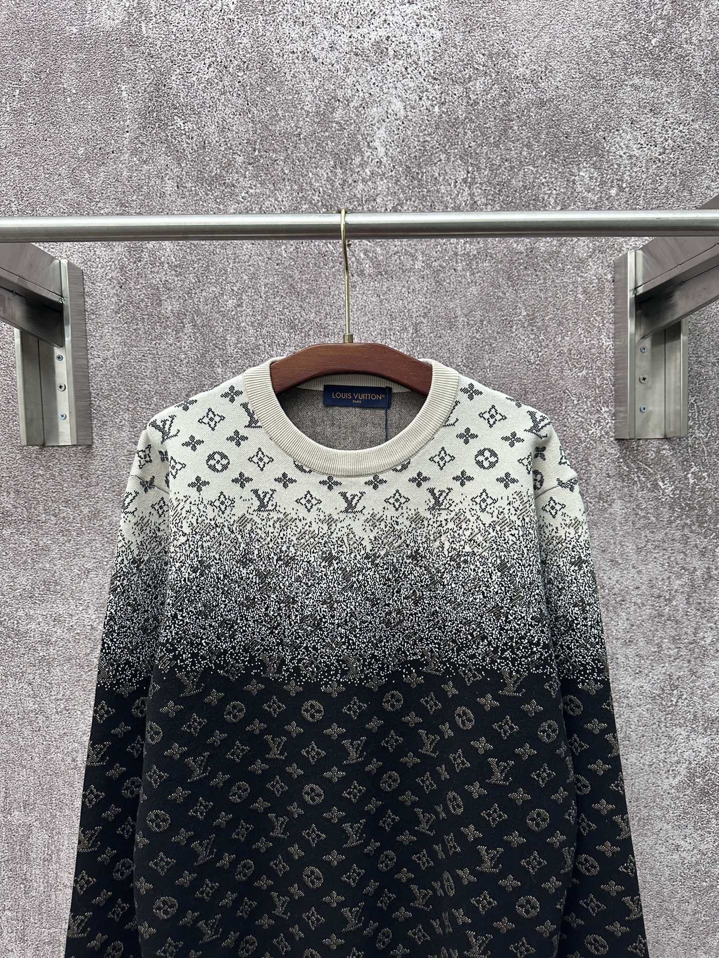 Knit sweater neckline with LV monogram pattern, light gray top and dark navy body