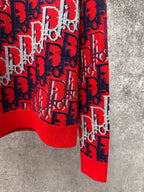 Dior monogram knit sweater hem and cuff, red ribbed trim with navy and white pattern