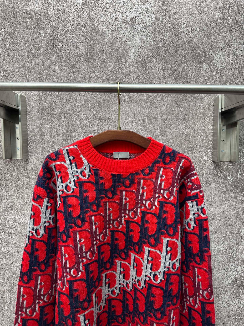 Dior monogram knit sweater, red crew neck and long sleeves with navy and white pattern