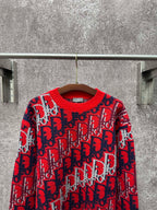 Dior monogram knit sweater, red crew neck and long sleeves with navy and white pattern
