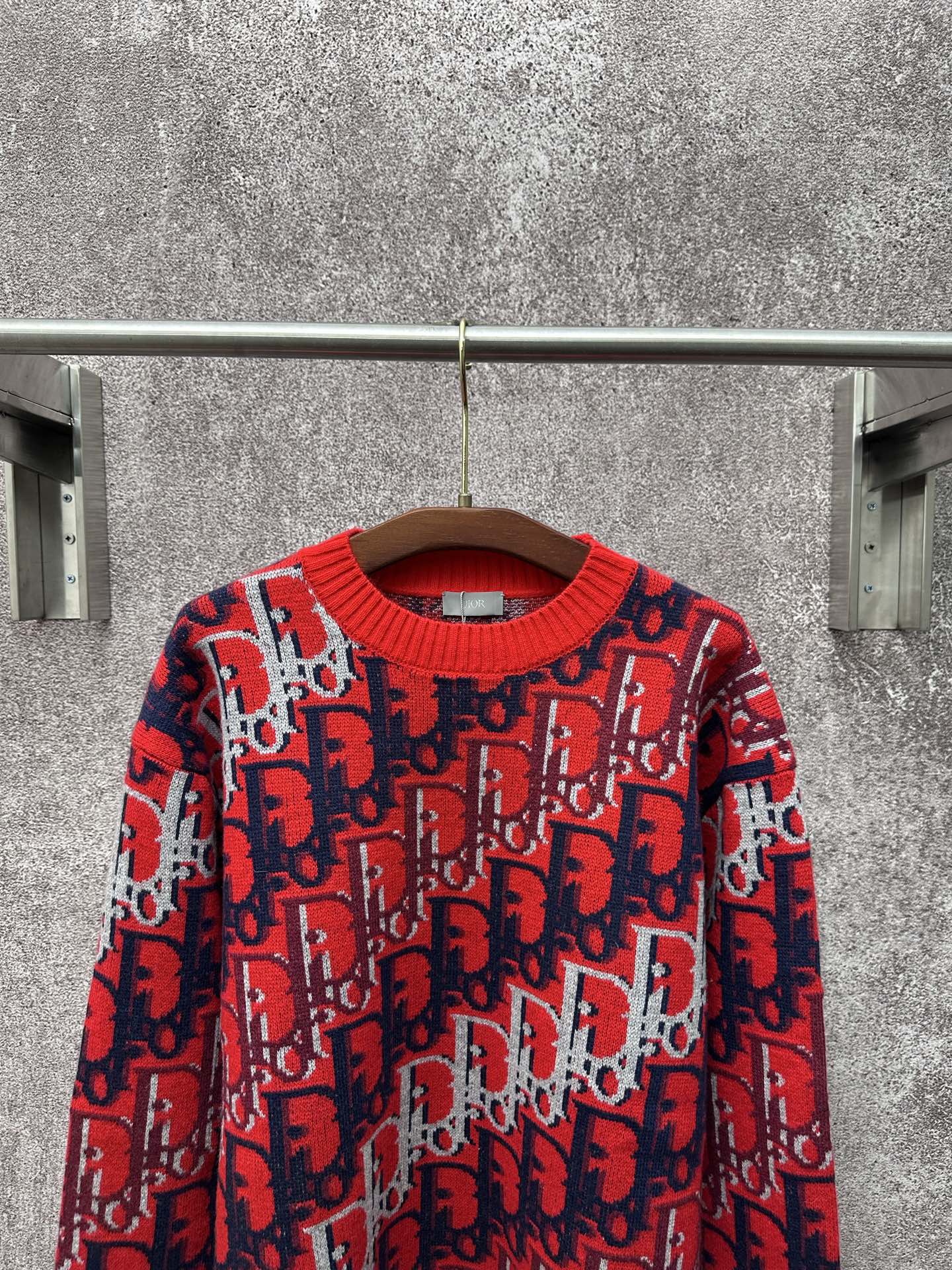 Dior monogram knit sweater, red crew neck and long sleeves with navy and white pattern