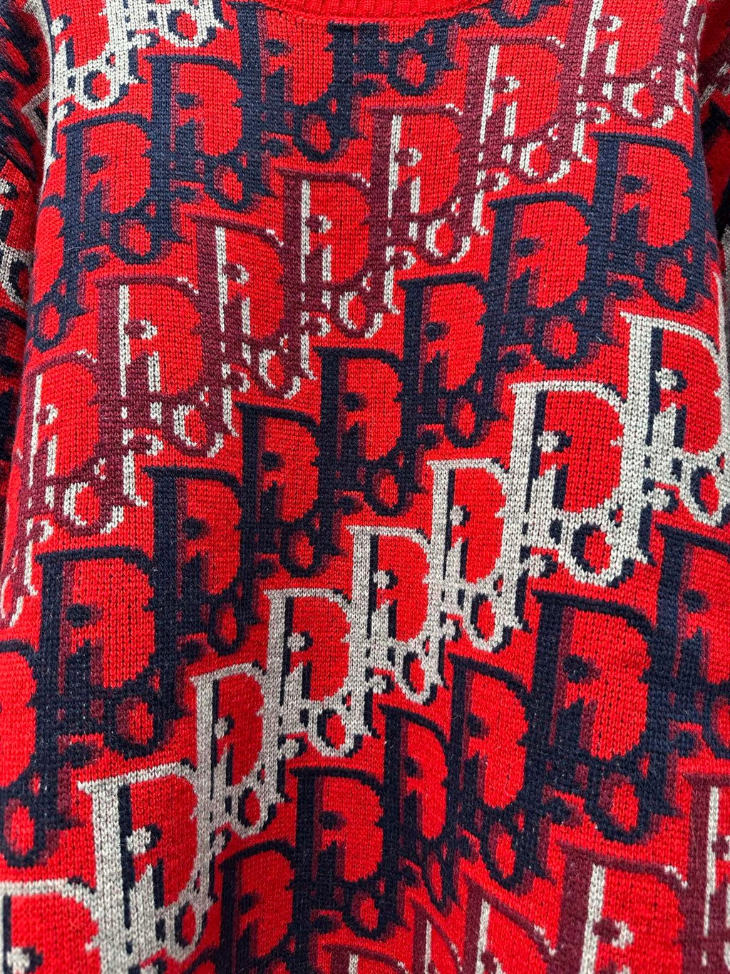 Dior monogram knit fabric, red knit with navy and white repeating motifs