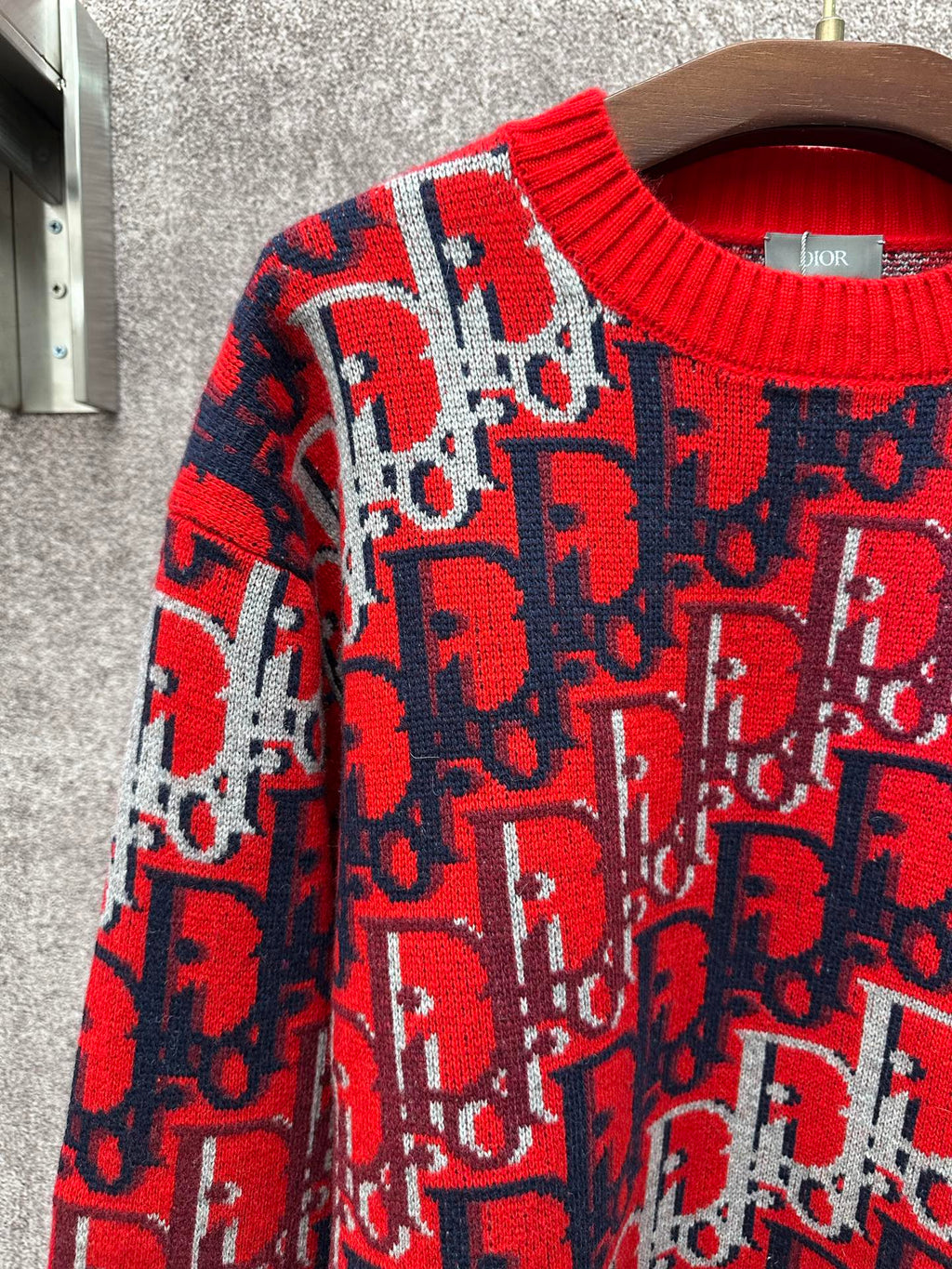 Dior monogram knit sweater sleeve and torso, red with navy and white repeating pattern