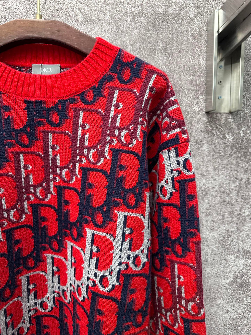 Dior monogram knit sweater shoulder and sleeve, red with navy and white motif
