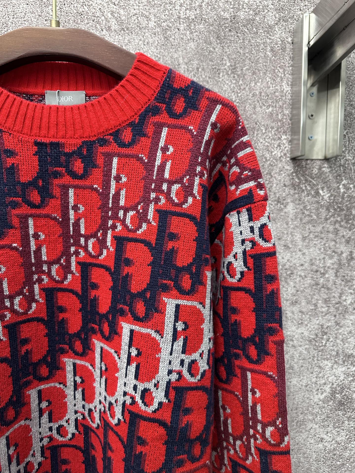 Dior monogram knit sweater shoulder and sleeve, red with navy and white motif