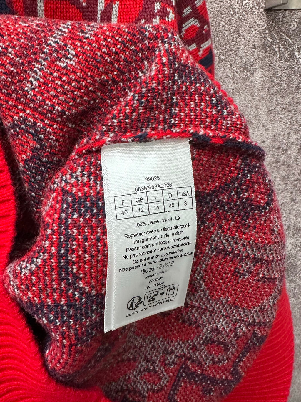 Dior long plaid garment, red and dark textured weave with white care label