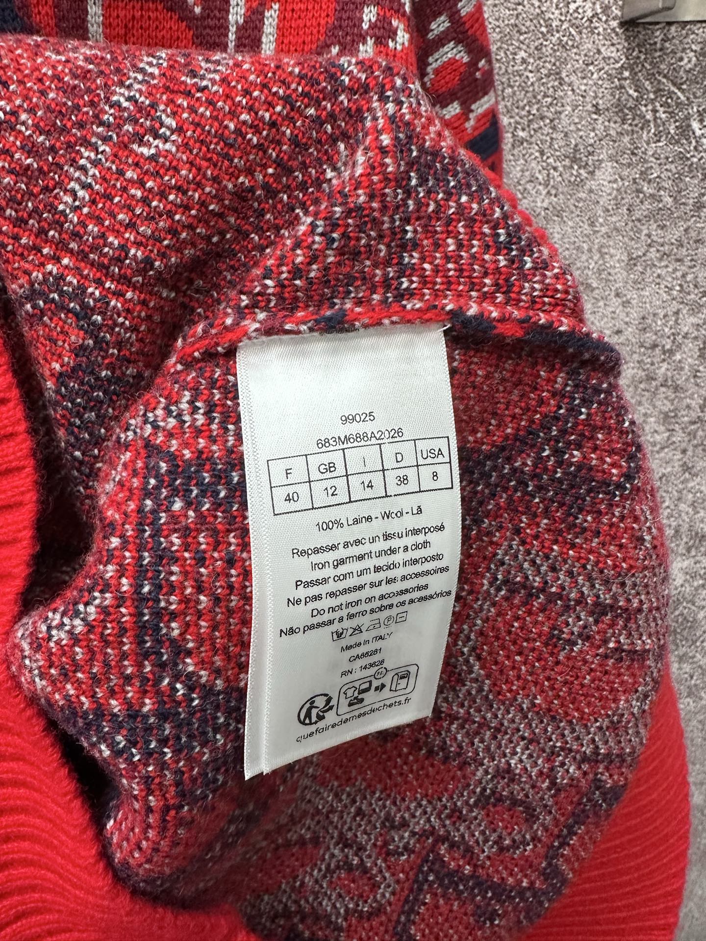 Dior long plaid garment, red and dark textured weave with white care label