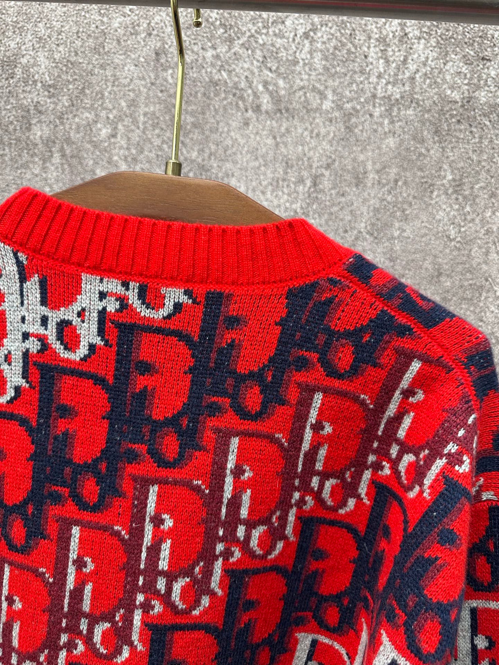 Dior monogram knit sweater neckline, red ribbed collar with navy and white motif