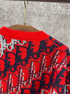 Dior monogram knit sweater neckline, red ribbed collar with navy and white motif