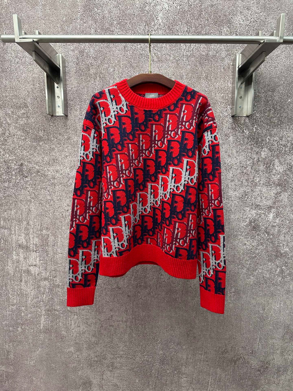 Dior monogram knit sweater, red with navy and white pattern, long sleeves and crew neck