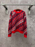 Dior monogram knit sweater, red with navy and white pattern, long sleeves and crew neck