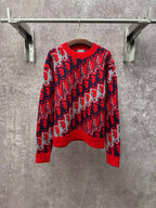 Dior monogram knit sweater, red with navy and white pattern, long sleeves and crew neck