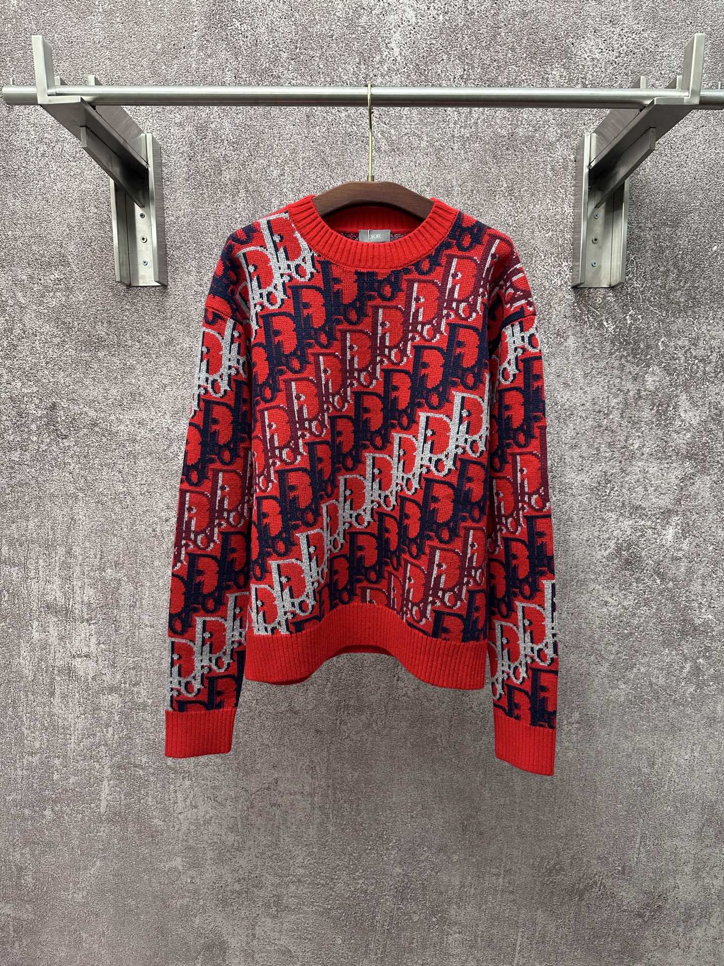 Dior monogram knit sweater, red with navy and white pattern, long sleeves and crew neck