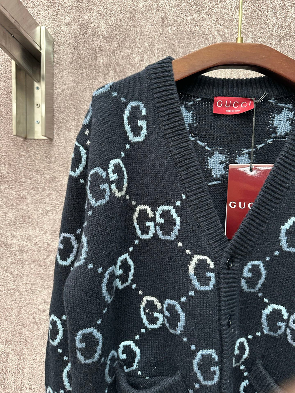 Gucci knit cardigan chest detail with GG pattern and V-neck, dark base