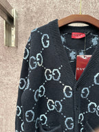 Gucci knit cardigan chest detail with GG pattern and V-neck, dark base