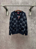 Gucci knit cardigan with GG logo pattern, V-neck and ribbed trim, dark base