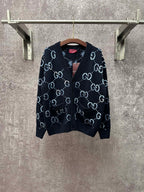 Gucci knit cardigan with GG logo pattern, V-neck and ribbed trim, dark base