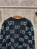 Gucci knit cardigan back view with GG pattern, ribbed crew neck, dark base