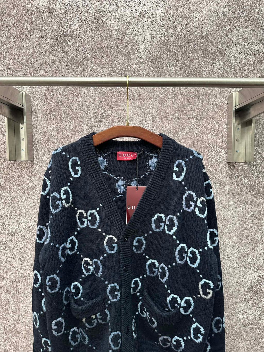 Gucci knit cardigan with GG logo V-neck, textured knit, dark base