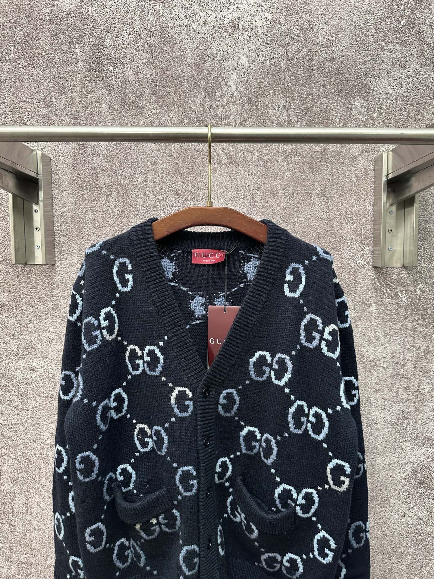 Gucci knit cardigan with GG logo V-neck, textured knit, dark base