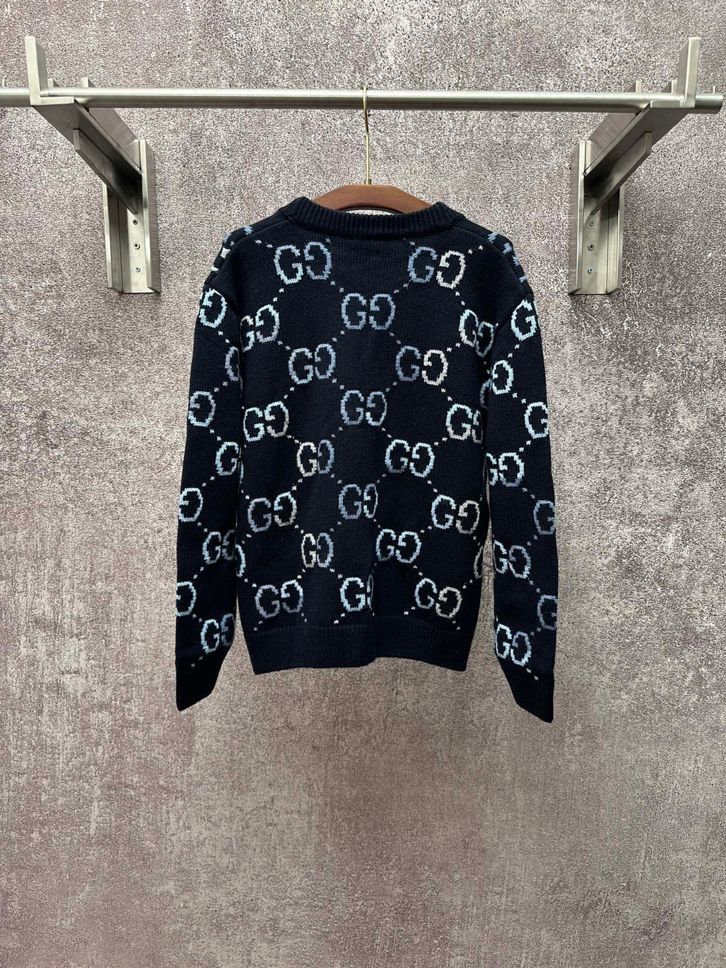 Gucci knit cardigan with GG logo allover pattern, long sleeves, dark base