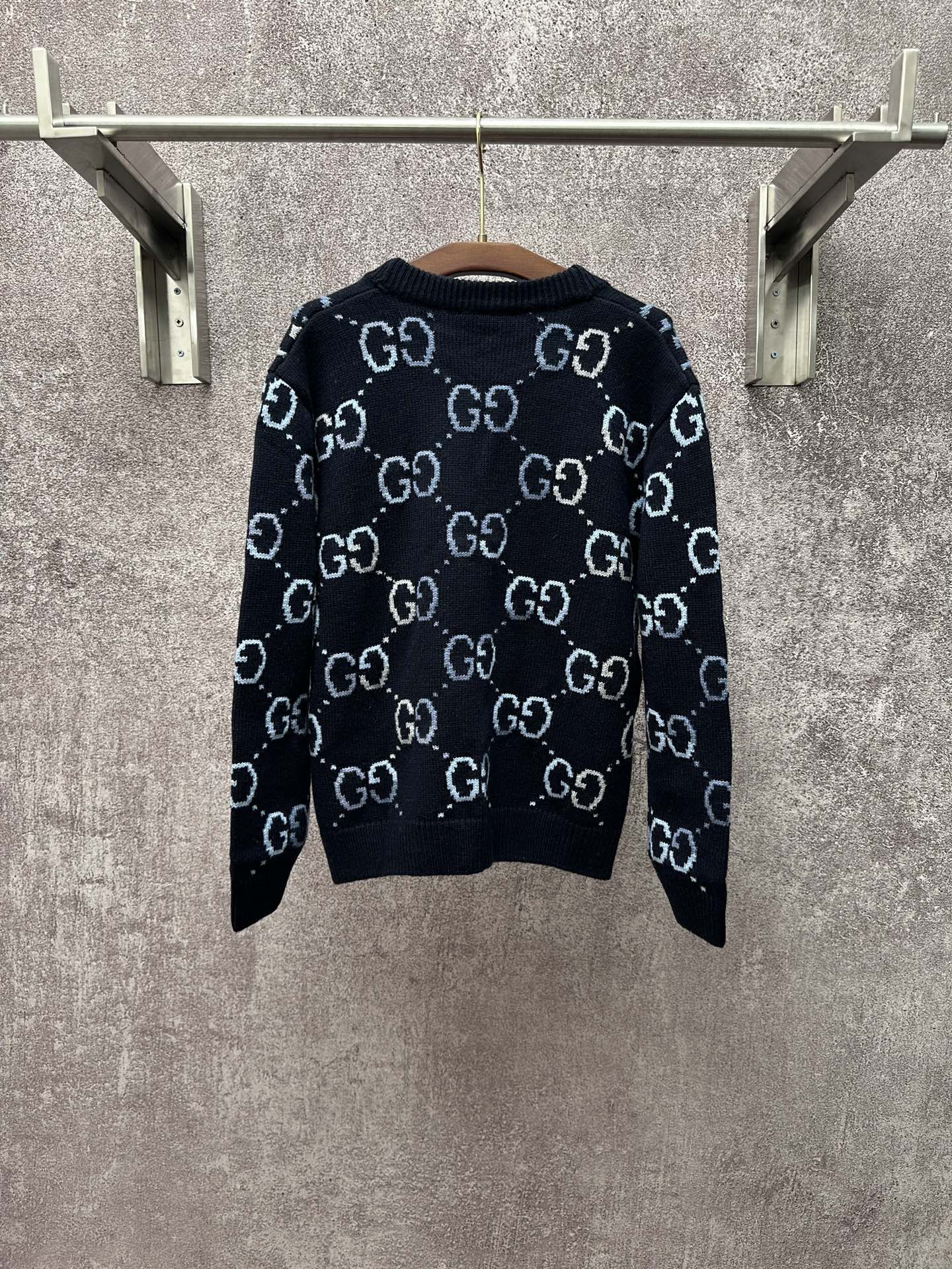 Gucci knit cardigan with GG logo allover pattern, long sleeves, dark base