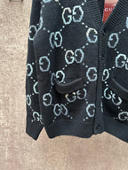 Gucci knit cardigan lower front and ribbed hem with GG pattern, dark base