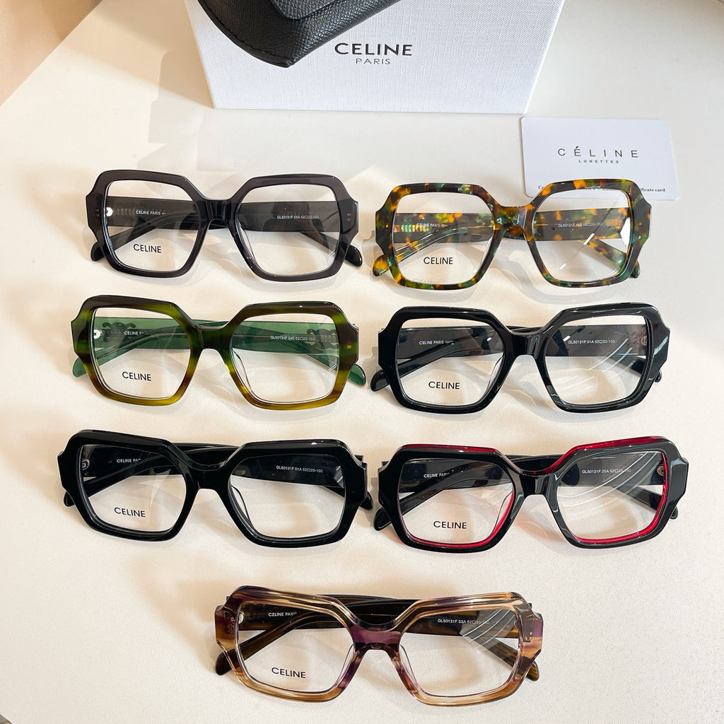Assorted square eyeglasses in black, green, tortoiseshell, amber, and red