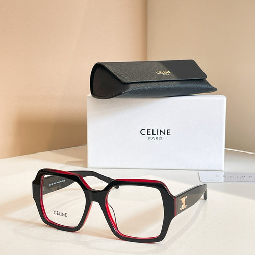 Square eyeglasses with black frames and red trim, beside a black glasses case