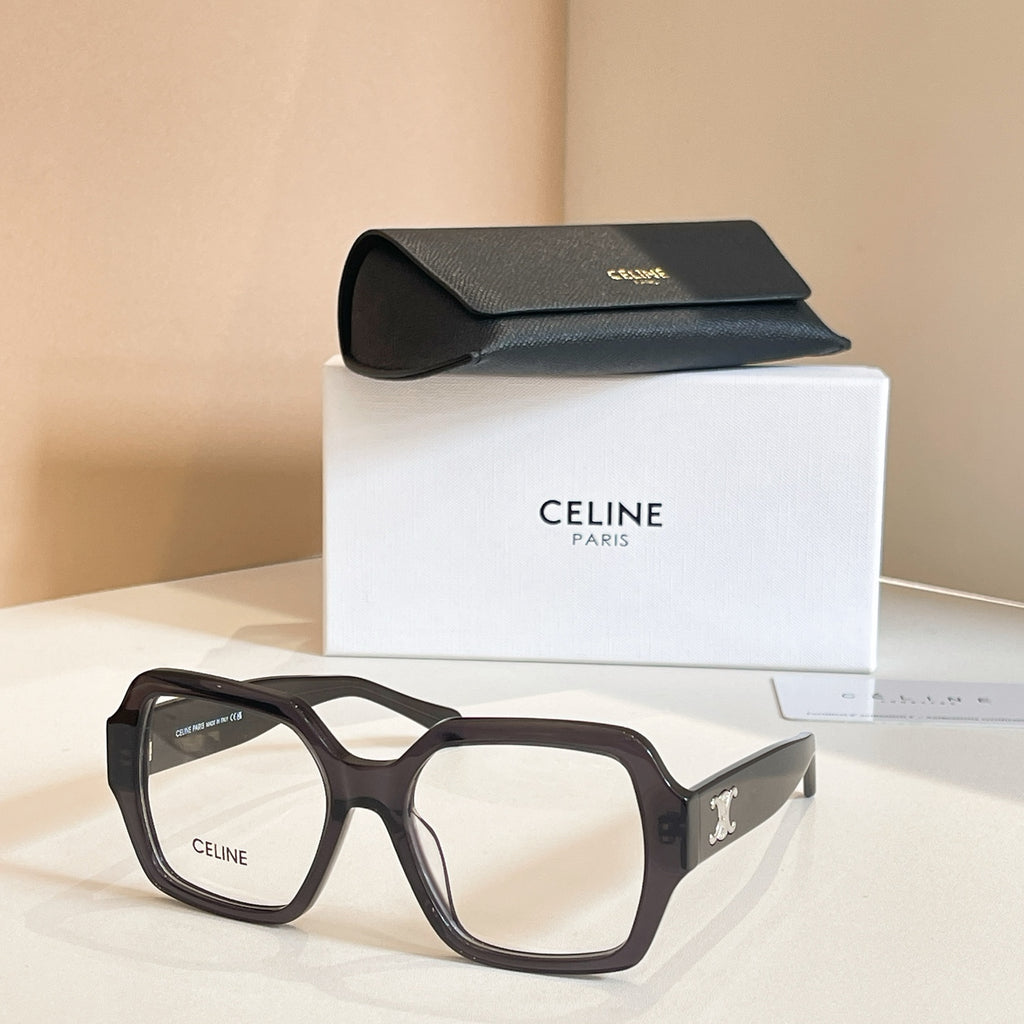 Square eyeglasses with black frames and gold temple emblem details