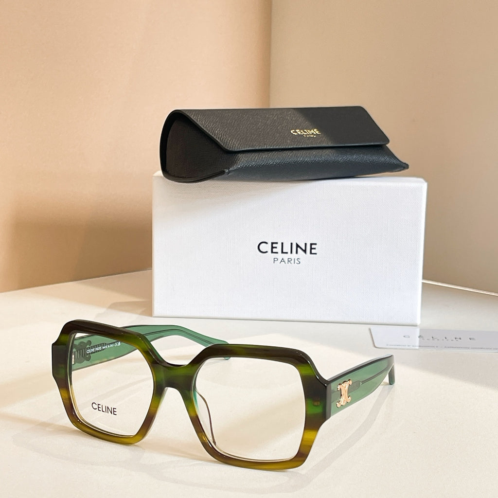 Square eyeglasses with green frames and gold temple emblem details