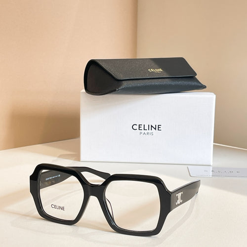 Square eyeglasses with black frames and gold logo on the temple arms