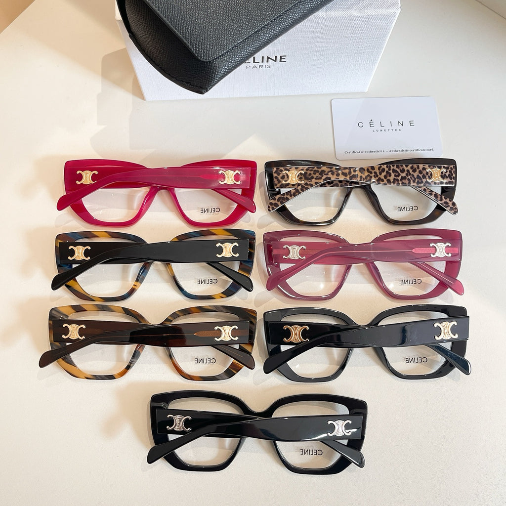 Celine glasses assortment with red, leopard, pink, and black frames on display.