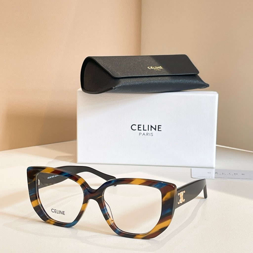 Celine glasses with multicolor blue-accent tortoiseshell frames and clear lenses.