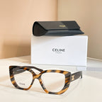 Celine glasses with tortoiseshell square frames and clear lenses, gold temple detail.
