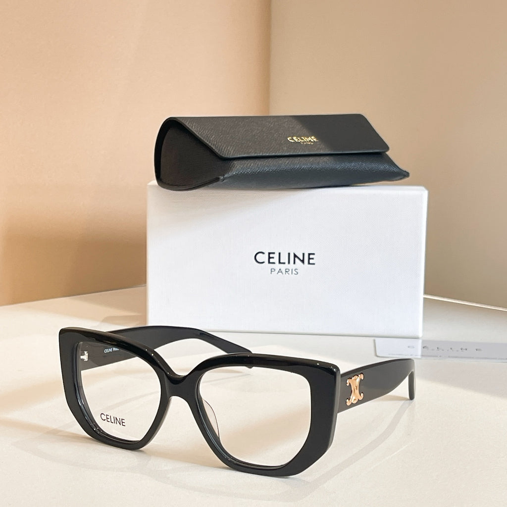 Celine glasses with black square frames and clear lenses.