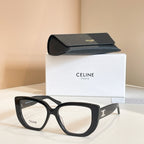 Celine glasses with black square frames and clear lenses, gold temple logo.