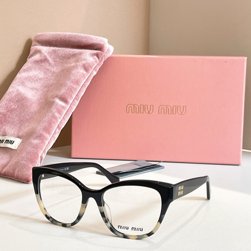 MiuMiu black rectangular eyeglasses with tortoise arms, logo temple, clear lenses