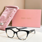 MiuMiu black rectangular eyeglasses with tortoise arms, logo temple, clear lenses