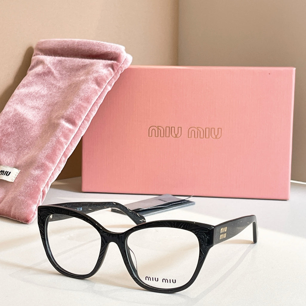 MiuMiu black rectangular eyeglasses, front view, logo temple, clear lenses