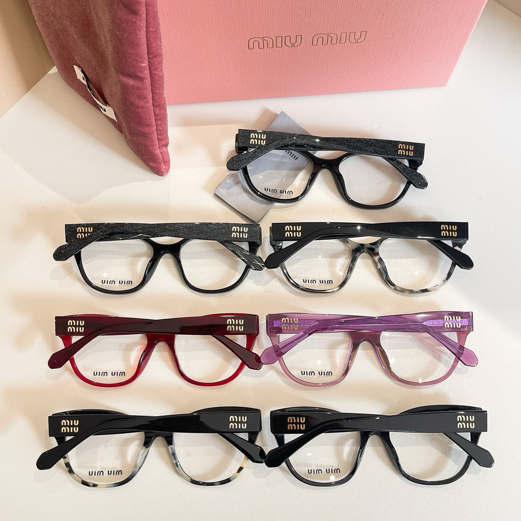 MiuMiu eyeglasses assortment: black, tortoise, burgundy, purple frames, clear lenses, logo temples