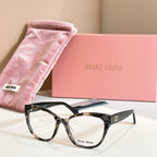MiuMiu black rectangular eyeglasses, side view, full-rim frame with logo temple, clear lenses