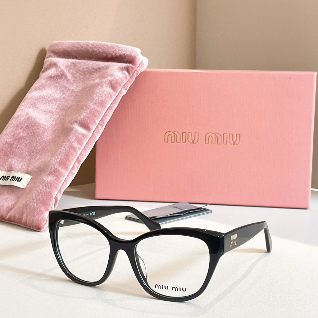 MiuMiu black rectangular eyeglasses with tortoise temple tips, logo detail, clear lenses