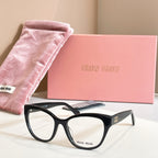 MiuMiu black rectangular eyeglasses with tortoise temple tips, logo detail, clear lenses